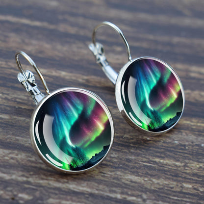 Luminous Aurora Borealis Hook Earrings - Northern Lights Jewelry - Unique Glass Cabochon Drop Earrings - Perfect Aurora Lovers Gift