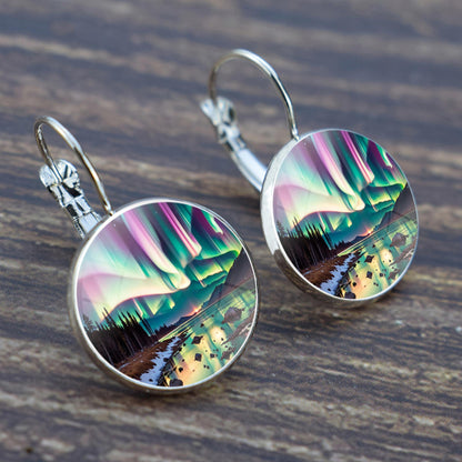 Luminous Aurora Borealis Hook Earrings - Northern Lights Jewelry - Unique Glass Cabochon Drop Earrings - Perfect Aurora Lovers Gift