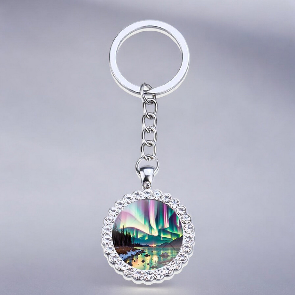 Porte-clés lumineux en argent Aurora Borealis - Bijoux Northern Light - Porte-clés en verre strass - Cadeau parfait pour les amoureux des aurores boréales