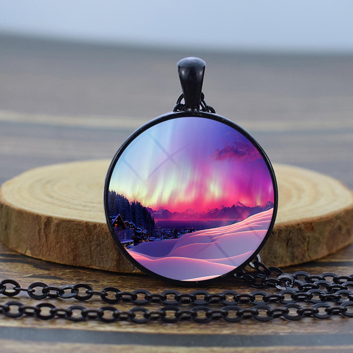 Luminous Aurora Borealis Black Necklace - Northern Light Jewelry - Unique Glass Dome Pendent Necklace - Perfect Aurora Lovers Gift