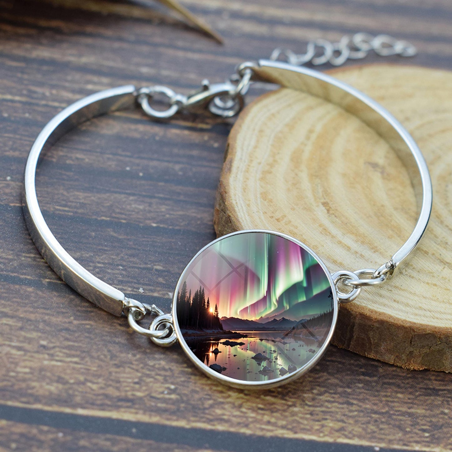 Lýsandi Aurora Borealis armband - Northern Light Skartgripir - Einstakt Cabochon silfurhúðað armband úr gleri - Fullkomin Aurora Lovers gjöf