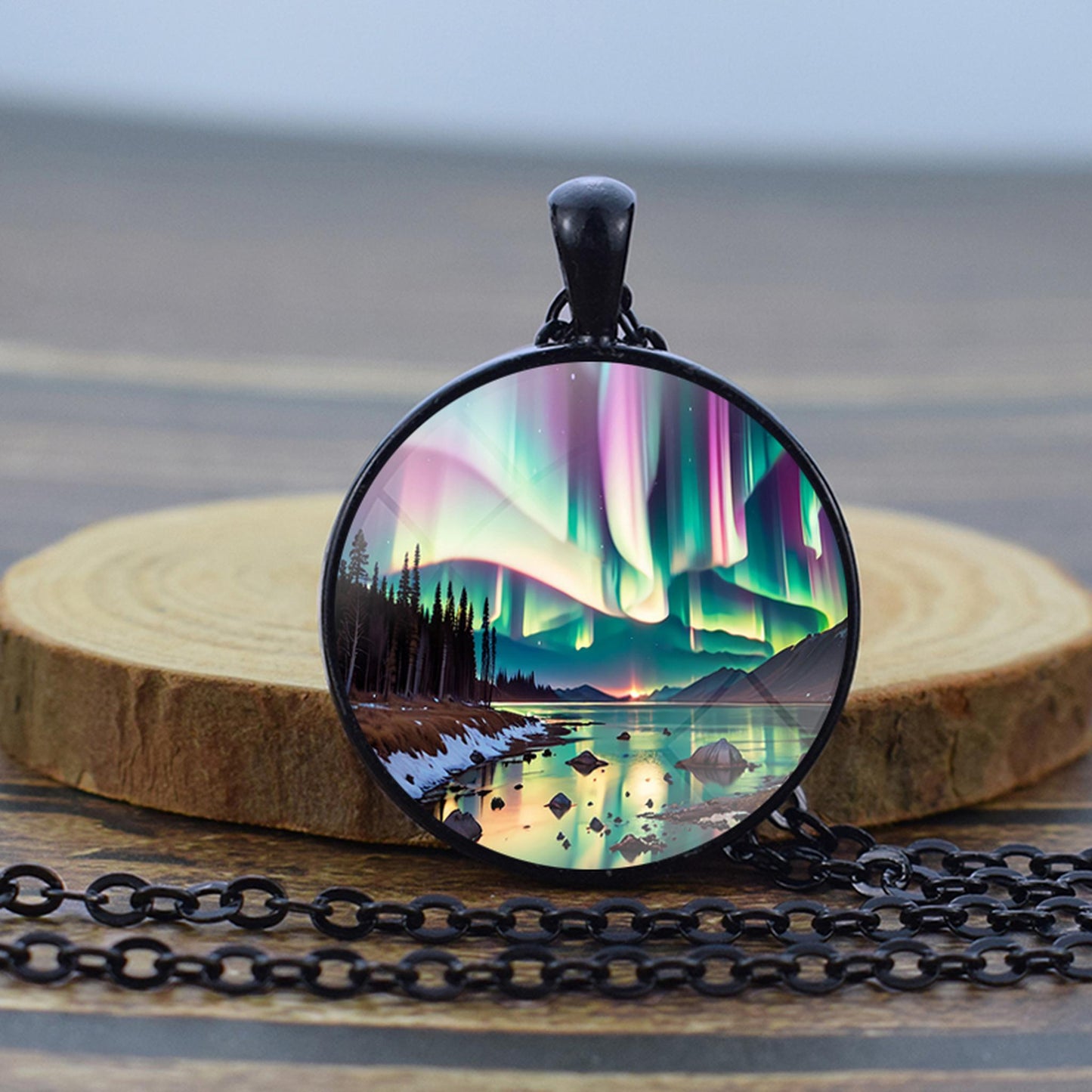 Luminous Aurora Borealis Black Necklace - Northern Light Jewelry - Unique Glass Dome Pendent Necklace - Perfect Aurora Lovers Gift