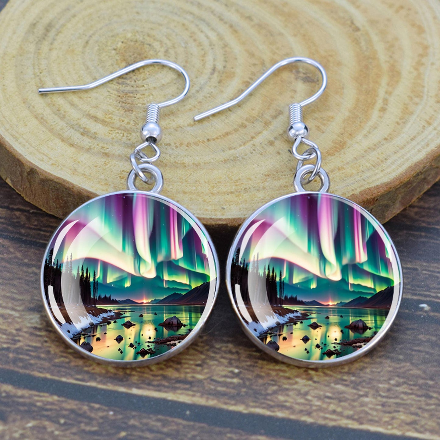 Gaismas Aurora Borealis Drop Auskari - Ziemeļblāzmas rotaslietas - Unikāli stikla Cabochon Dangle Auskari - Perfekta Aurora Lovers dāvana