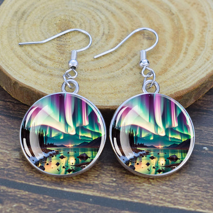 Gaismas Aurora Borealis Drop Auskari - Ziemeļblāzmas rotaslietas - Unikāli stikla Cabochon Dangle Auskari - Perfekta Aurora Lovers dāvana