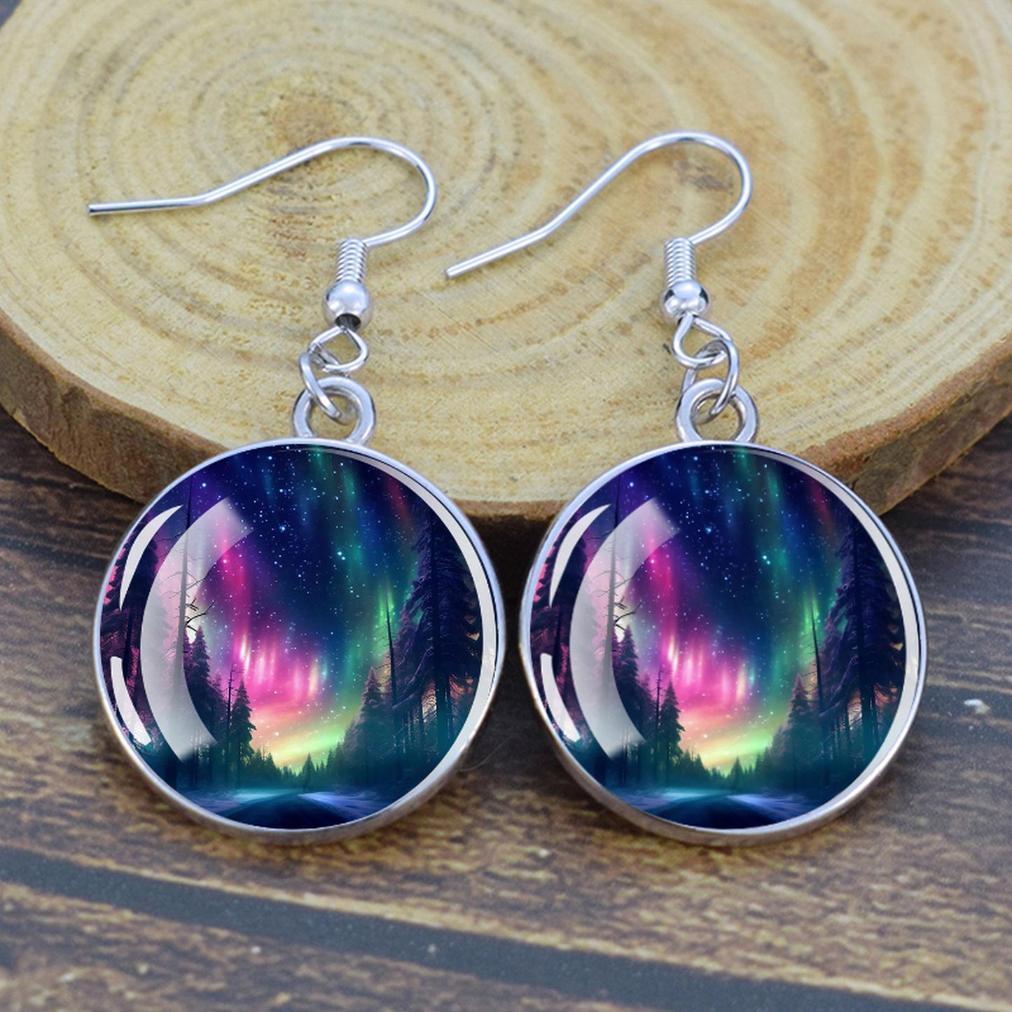 Gaismas Aurora Borealis Drop Auskari - Ziemeļblāzmas rotaslietas - Unikāli stikla Cabochon Dangle Auskari - Perfekta Aurora Lovers dāvana