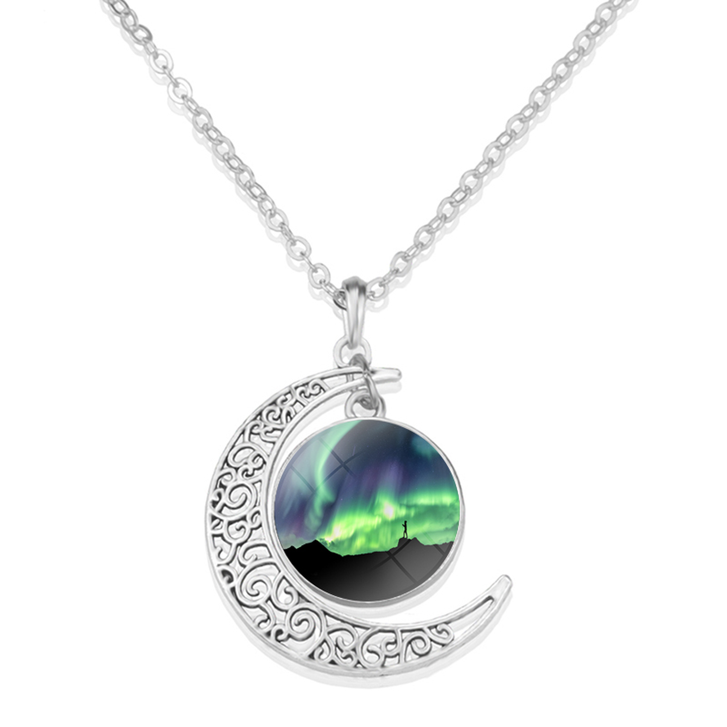 Unique Aurora Borealis Crescent Necklace - Northern Light Jewelry - Crescent Glass Cabochon Pendent Necklace - Perfect Aurora Lovers Gift 8