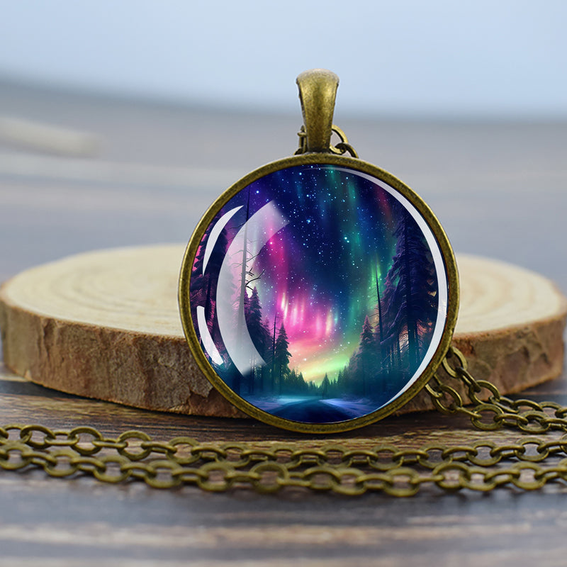 Luminous Aurora Borealis Bronze Necklace - Northern Light Jewelry - Unique Glass Dome Pendent Necklace - Perfect Aurora Lovers Gift