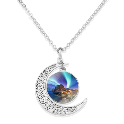 Unique Aurora Borealis Crescent Necklace - Northern Light Jewelry - Crescent Glass Cabochon Pendent Necklace - Perfect Aurora Lovers Gift 12