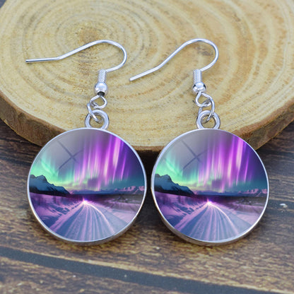 Pendientes colgantes luminosos de aurora boreal - Joyería de aurora boreal - Pendientes colgantes de cabujón de vidrio únicos - Regalo perfecto para los amantes de la aurora