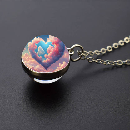 Unique Pink Heart Shape Clouds Silver Necklace - Dreamy Sky Cotton Candy Cloud Jewelry - Double Side Glass Ball Pendent Necklace - Perfect Lovers Gift 3