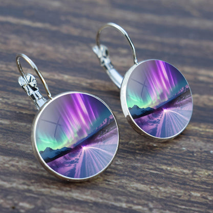 Luminous Aurora Borealis Hook Earrings - Northern Lights Jewelry - Unique Glass Cabochon Drop Earrings - Perfect Aurora Lovers Gift