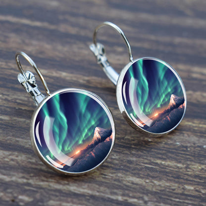 Luminous Aurora Borealis Hook Earrings - Northern Lights Jewelry - Unique Glass Cabochon Drop Earrings - Perfect Aurora Lovers Gift