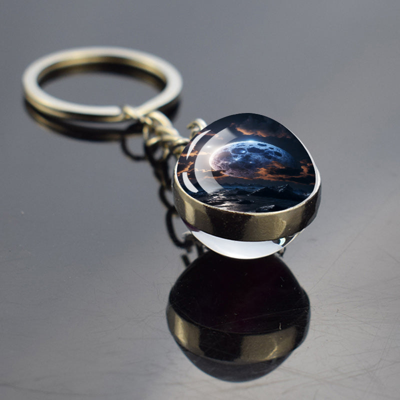 Unique Full Crescent Moon Keyring - Night Starry Sky Jewelry - Double Side Glass Ball Key Chain - Perfect Moon Lovers Gift 2