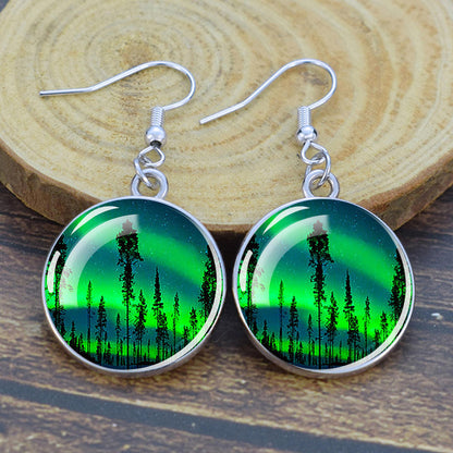 Gaismas Aurora Borealis Drop Auskari - Ziemeļblāzmas rotaslietas - Unikāli stikla Cabochon Dangle Auskari - Perfekta Aurora Lovers dāvana