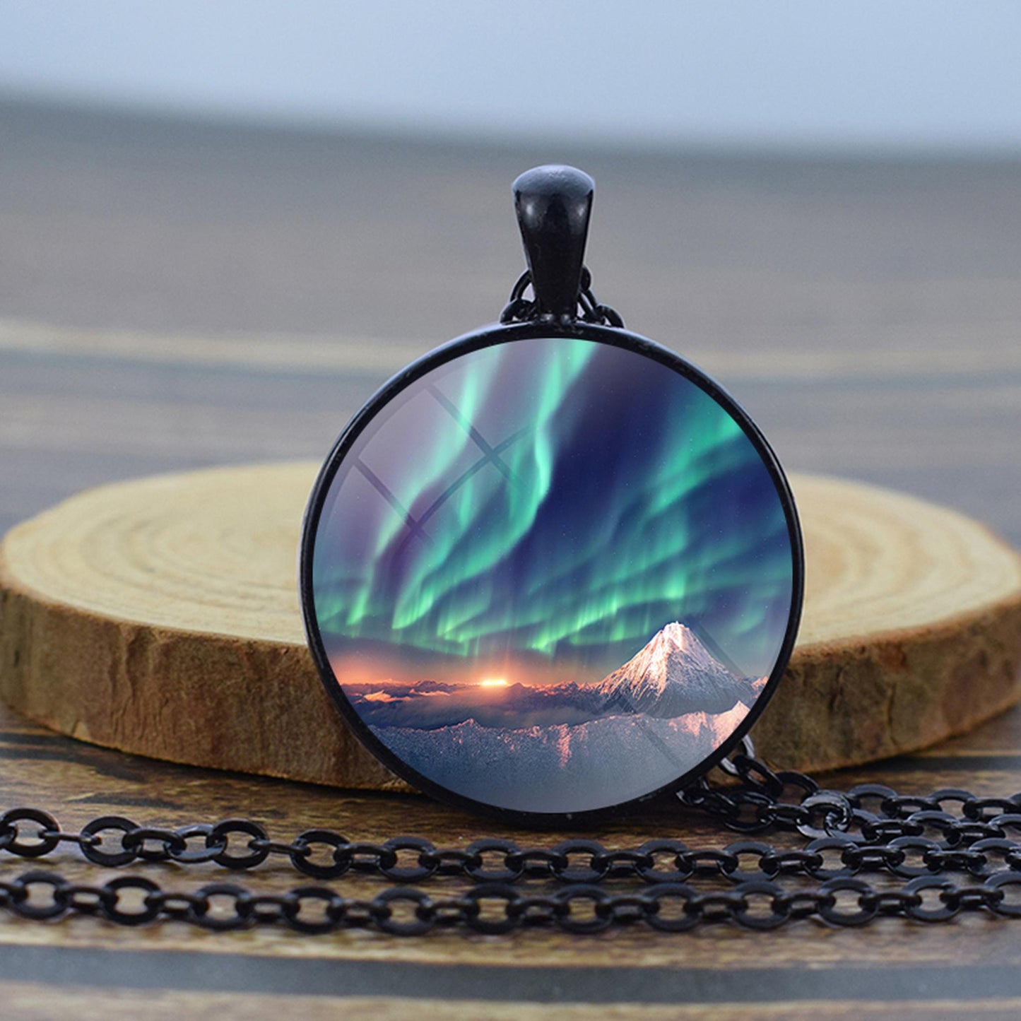 Luminous Aurora Borealis Black Necklace - Northern Light Jewelry - Unique Glass Dome Pendent Necklace - Perfect Aurora Lovers Gift