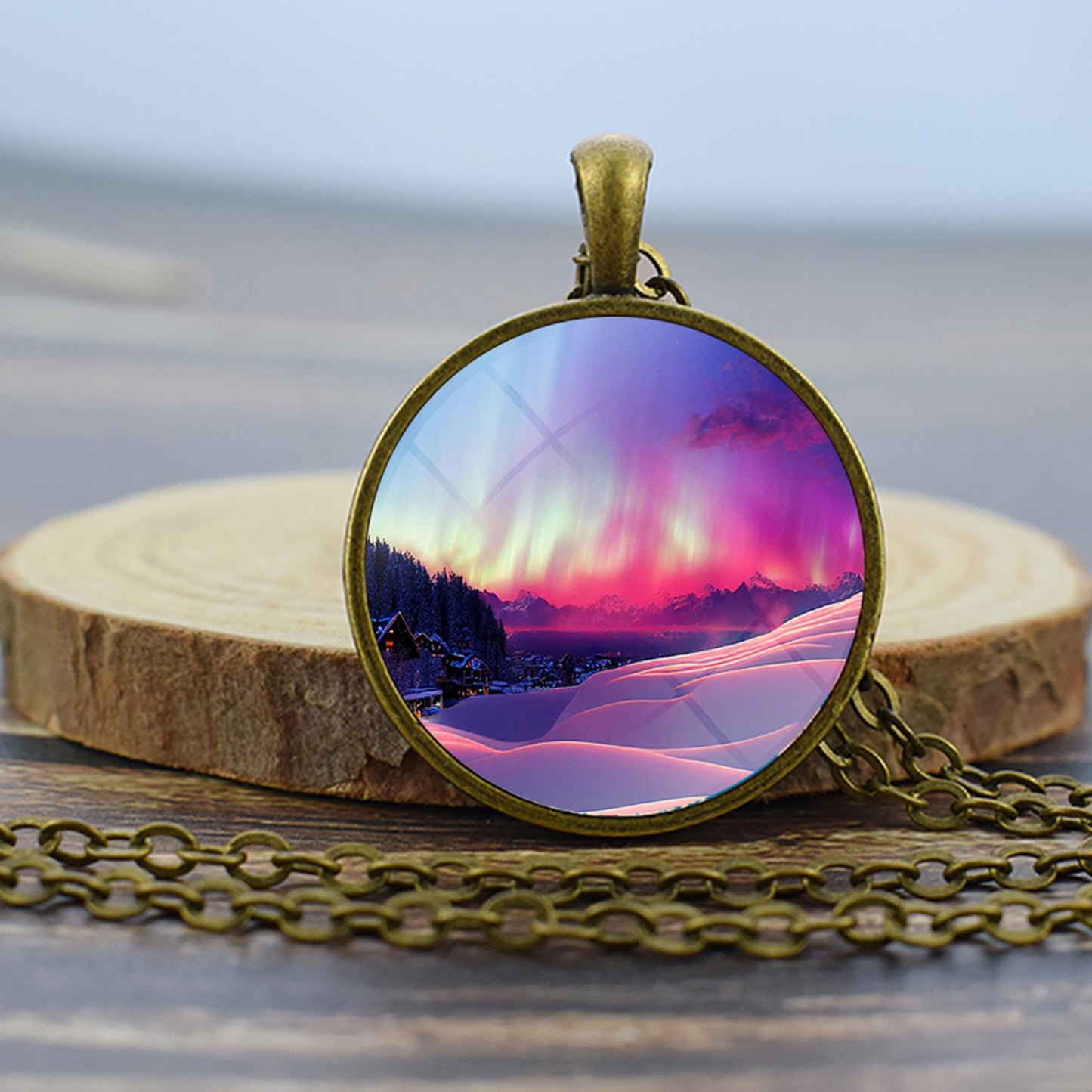 Luminous Aurora Borealis Bronze Necklace - Northern Light Jewelry - Unique Glass Dome Pendent Necklace - Perfect Aurora Lovers Gift