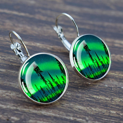 Luminous Aurora Borealis Hook Earrings - Northern Lights Jewelry - Unique Glass Cabochon Drop Earrings - Perfect Aurora Lovers Gift