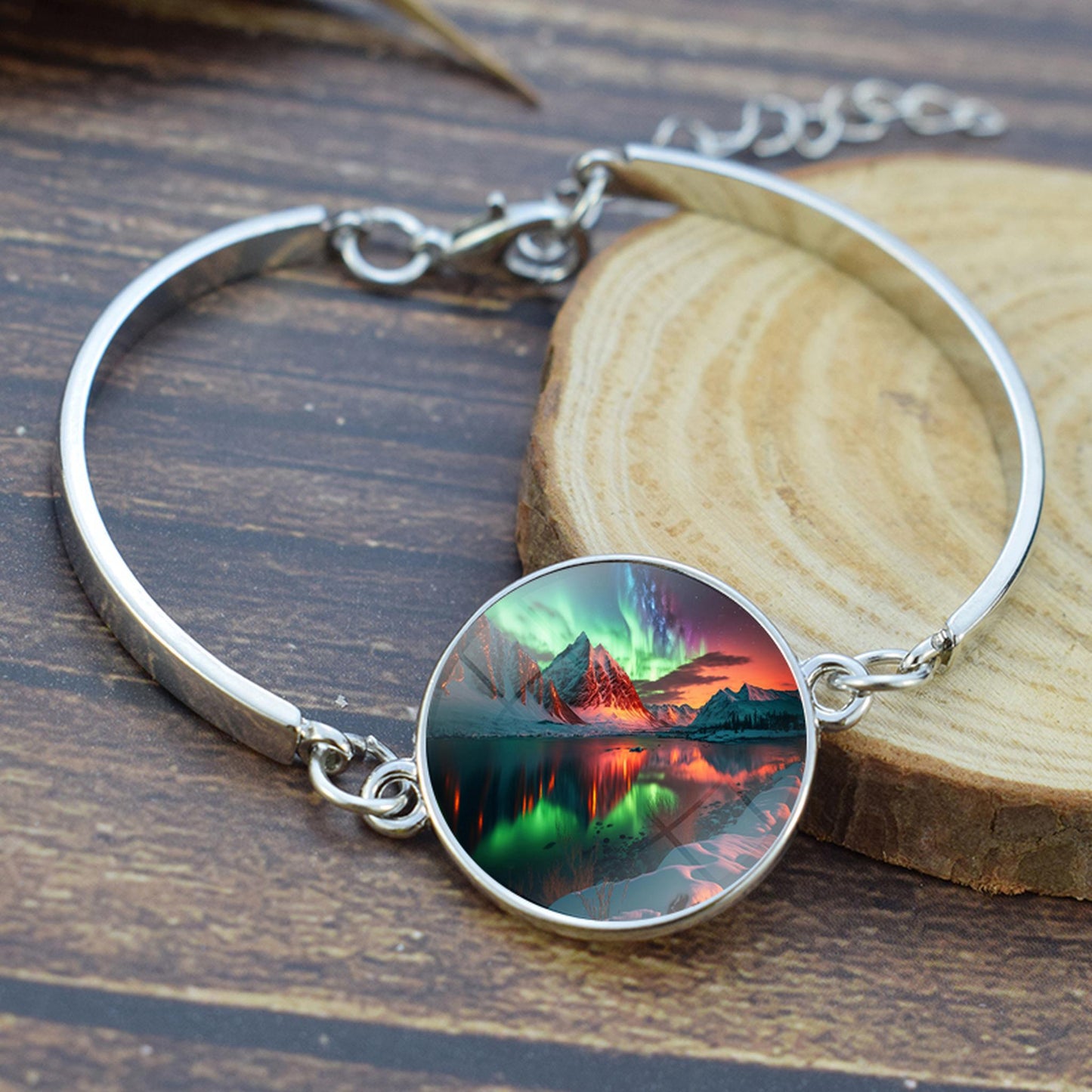 Unique Aurora Borealis Bangle Bracelet - Northern Light Jewelry - Glass Cabochon Silver Plated Bracelet - Perfect Aurora Lovers Gift 6