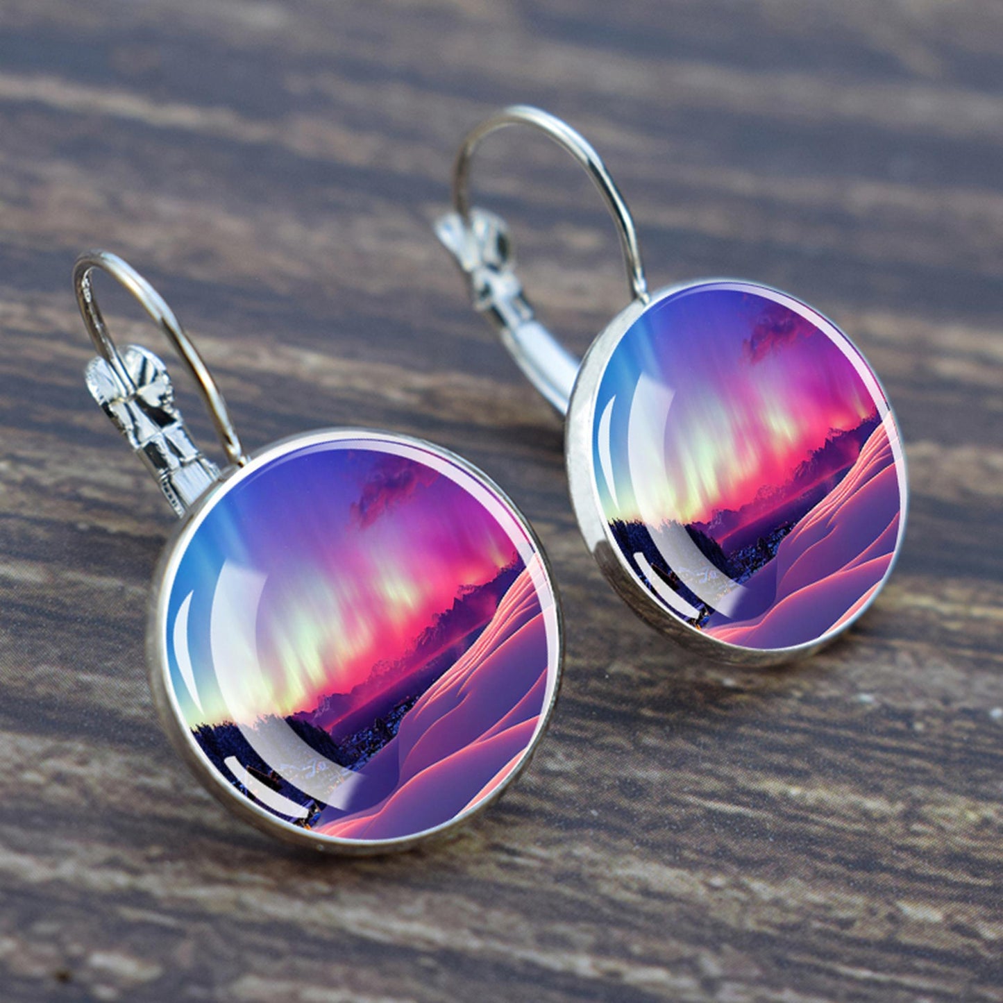 Luminous Aurora Borealis Hook Earrings - Northern Lights Jewelry - Unique Glass Cabochon Drop Earrings - Perfect Aurora Lovers Gift