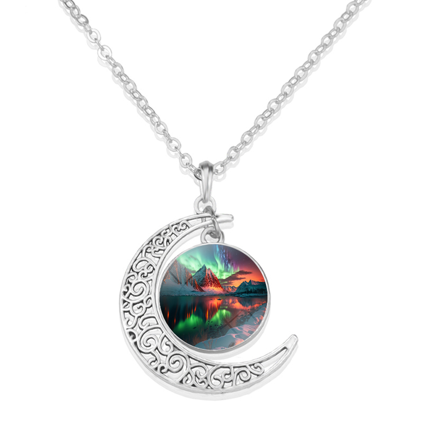 Unique Aurora Borealis Crescent Necklace - Northern Light Jewelry - Crescent Glass Cabochon Pendent Necklace - Perfect Aurora Lovers Gift 6