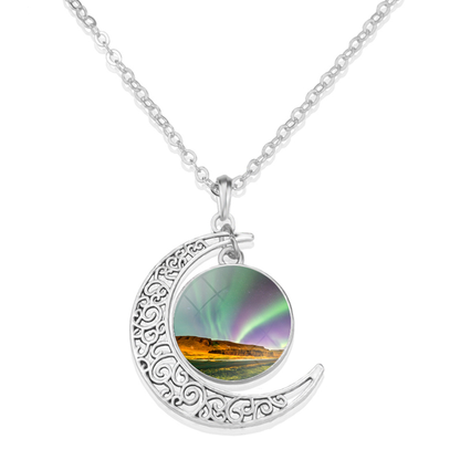Unique Aurora Borealis Crescent Necklace - Northern Light Jewelry - Crescent Glass Cabochon Pendent Necklace - Perfect Aurora Lovers Gift 5