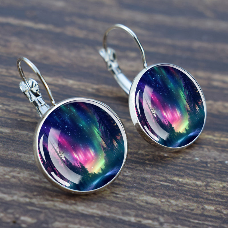 Luminous Aurora Borealis Hook Earrings - Northern Lights Jewelry - Unique Glass Cabochon Drop Earrings - Perfect Aurora Lovers Gift