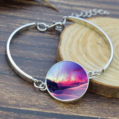 Luminous Aurora Borealis Bangle Bracelet - Northern Light Jewelry - Unique Glass Cabochon Silver Plated Bracelet - Perfect Aurora Lovers Gift