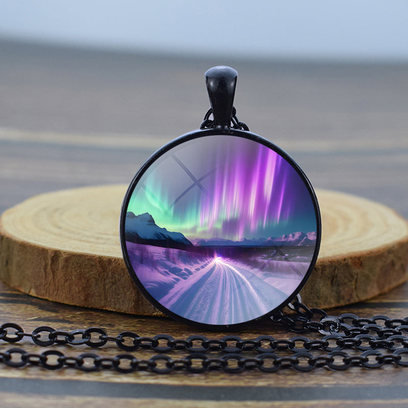 Luminous Aurora Borealis Black Necklace - Northern Light Jewelry - Unique Glass Dome Pendent Necklace - Perfect Aurora Lovers Gift