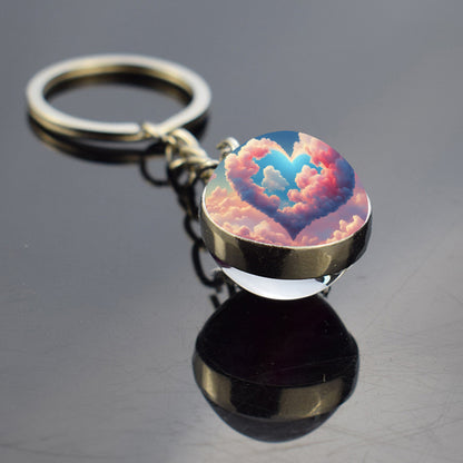 Unique Pink Heart Shape Clouds Keyring - Dreamy Sky Cotton Candy Cloud Jewelry - Double Side Glass Ball Key Chain - Perfect Aurora Lovers Gift 3