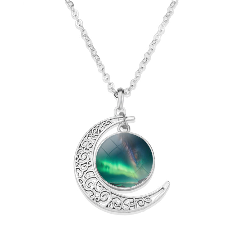 Unique Aurora Borealis Crescent Necklace - Northern Light Jewelry - Crescent Glass Cabochon Pendent Necklace - Perfect Aurora Lovers Gift 32