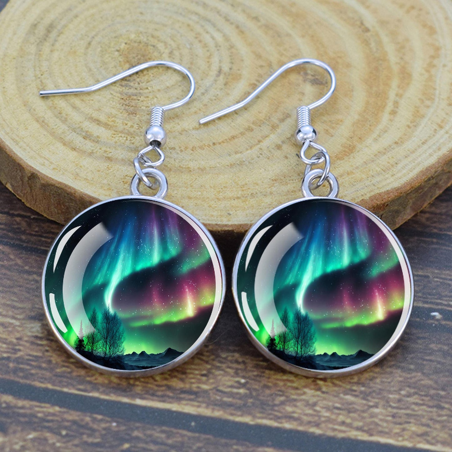 Gaismas Aurora Borealis Drop Auskari - Ziemeļblāzmas rotaslietas - Unikāli stikla Cabochon Dangle Auskari - Perfekta Aurora Lovers dāvana