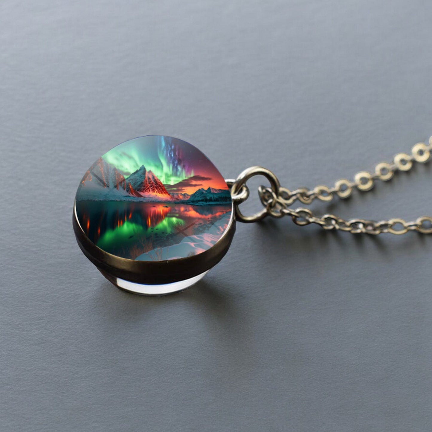 Luminous Aurora Borealis Silver Necklace- Northern Light Jewelry - Unique Double Side Glass Ball Pendent Necklace - Perfect Aurora Lovers Gift