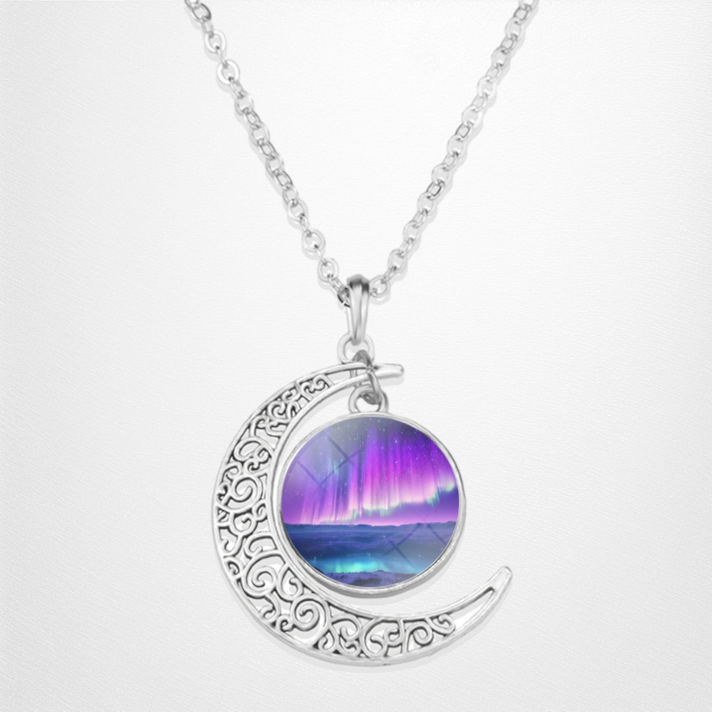 Luminous Aurora Borealis Crescent Necklace- Northern Light Jewelry - Unique Crescent Glass Cabochon Pendent Necklace - Perfect Aurora Lovers Gift