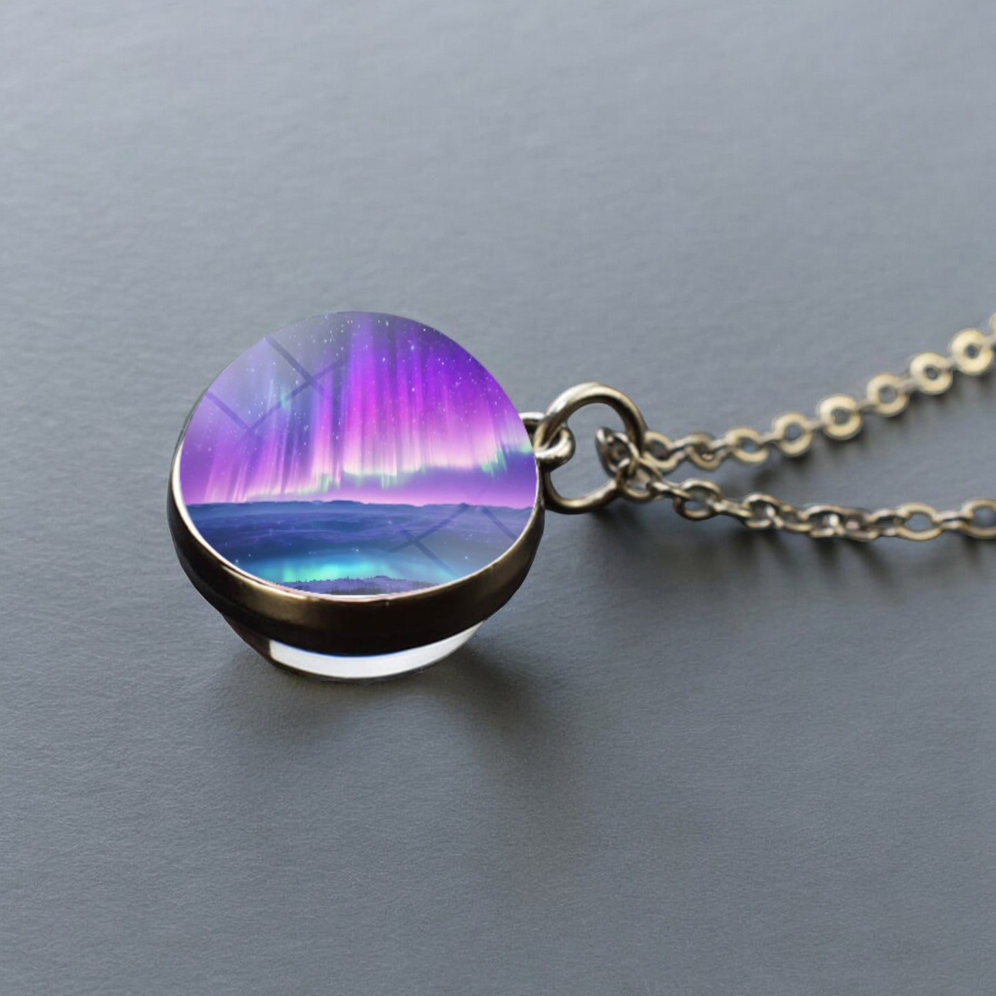 Luminous Aurora Borealis Silver Necklace- Northern Light Jewelry - Unique Double Side Glass Ball Pendent Necklace - Perfect Aurora Lovers Gift