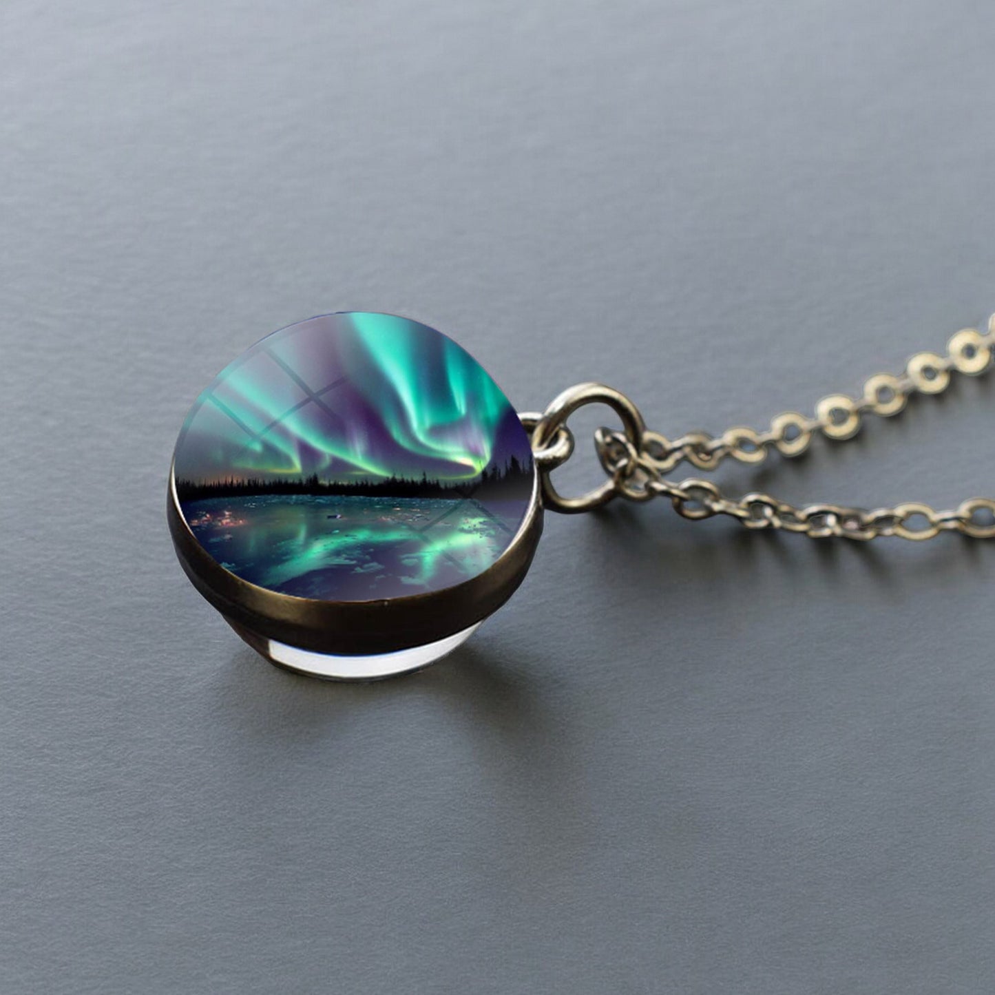 Luminous Aurora Borealis Silver Necklace- Northern Light Jewelry - Unique Double Side Glass Ball Pendent Necklace - Perfect Aurora Lovers Gift