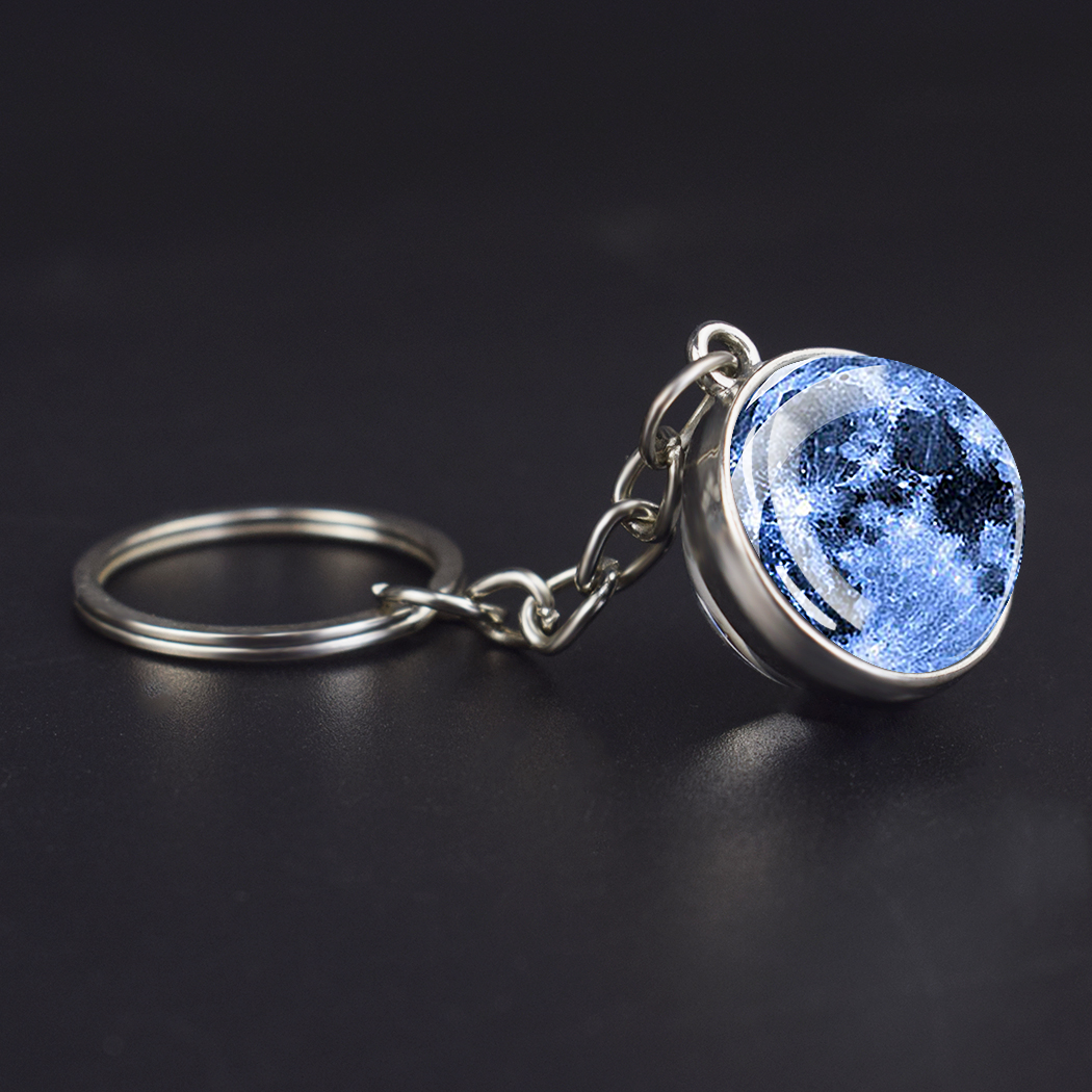 Luminous Full Crescent Moon Keyring - Night Starry Sky Jewelry - Double Side Glass Ball Key Chain - Perfect Moon Lovers Gift