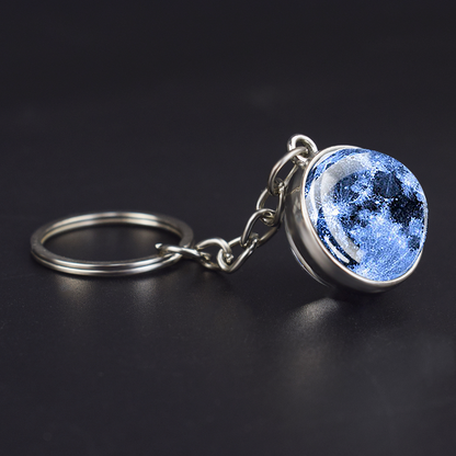 Porte-clés lumineux en croissant de lune complet, bijoux ciel étoilé de nuit, porte-clés boule de verre Double face, cadeau parfait pour les amoureux de la lune