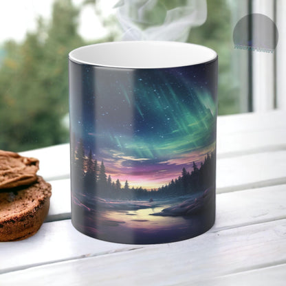 Tasse sensible à la chaleur Aurore boréale enchanteresse - Tasse de morphing de couleur magique des aurores boréales 11 oz - Tasse à café ciel nocturne réactive à la chaleur - Cadeau parfait pour les amoureux de la nature