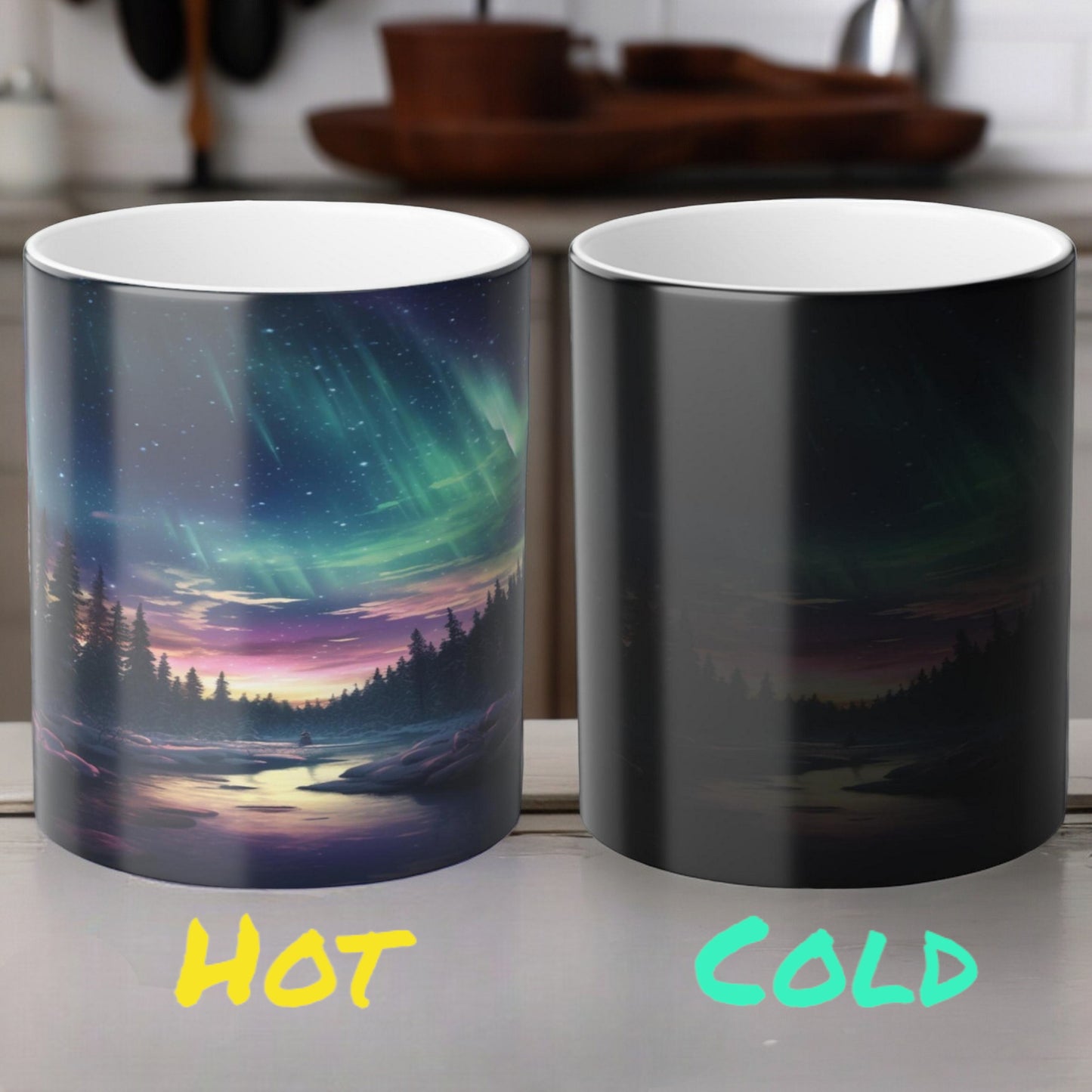 Tasse sensible à la chaleur Aurore boréale enchanteresse - Tasse de morphing de couleur magique des aurores boréales 11 oz - Tasse à café ciel nocturne réactive à la chaleur - Cadeau parfait pour les amoureux de la nature