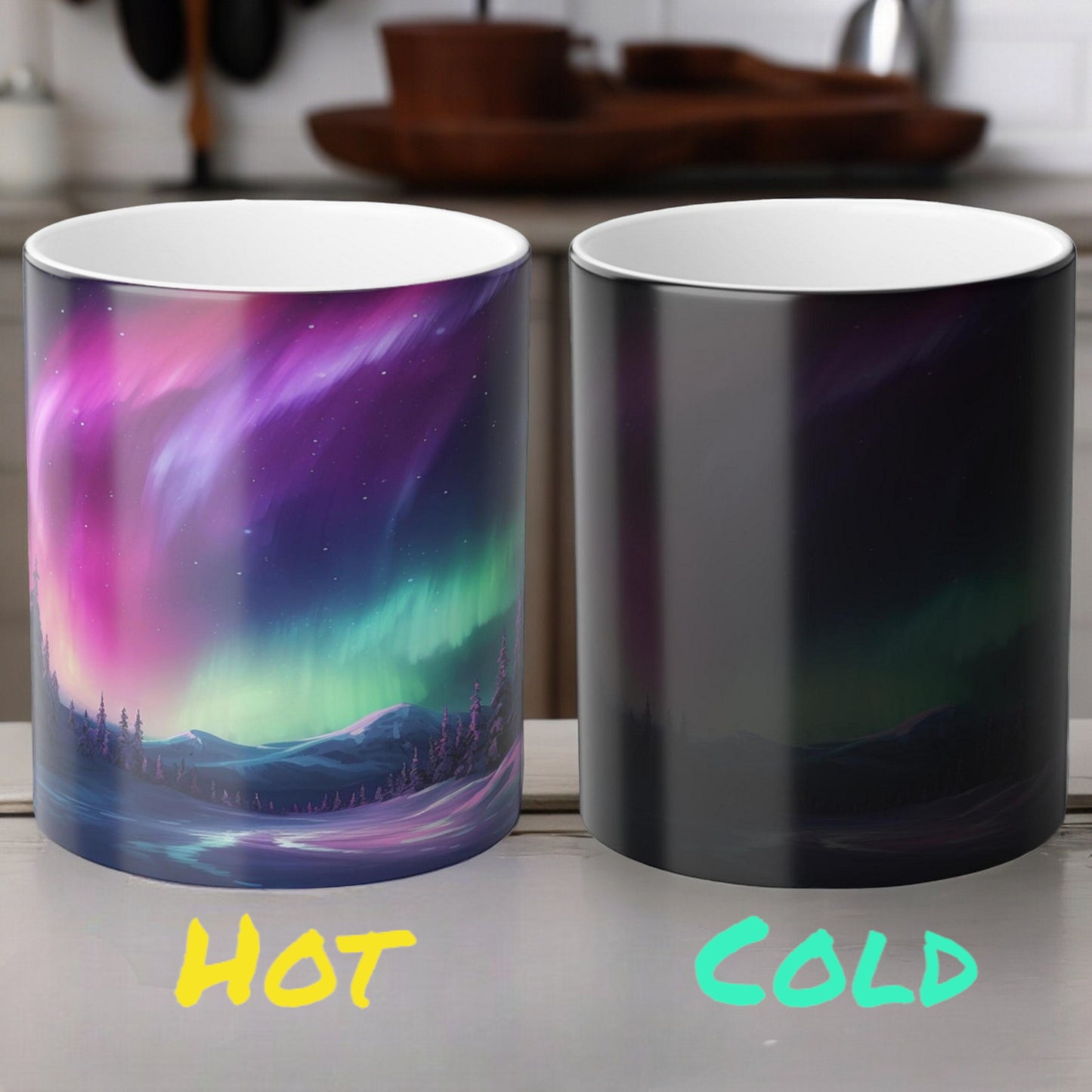 Bezaubernde wärmeempfindliche Tasse „Aurora Borealis“ – Tasse mit magischer Farbveränderung der Nordlichter, 325 ml – hitzereaktive Nachthimmel-Kaffeetasse – perfektes Geschenk für Naturliebhaber