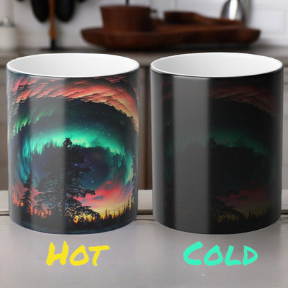 Fortryllende Aurora Borealis varmefølsomt krus - Northern Lights Magic Color Morphing-krus 11 oz - Heat Reactive Night Sky Coffee Cup - Perfekt gave til naturelskere