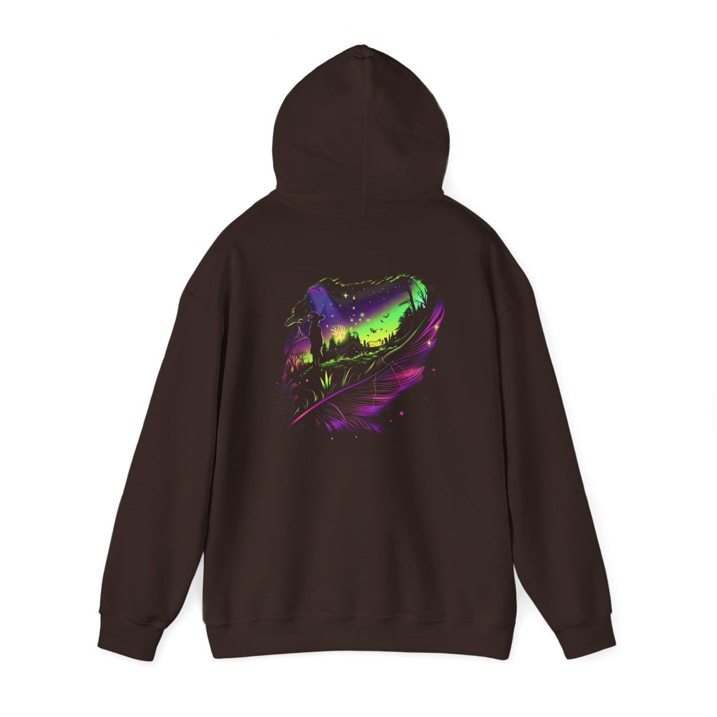 Aurora Borealis Unisex Heavy Blend™ Hooded Sweatshirt (Back design) - Northern Lights Arctic Feather Character Magical Night Starry Sky Field Tree Nature Adventure - Autumn Fall T-shirt - Aurora Gift