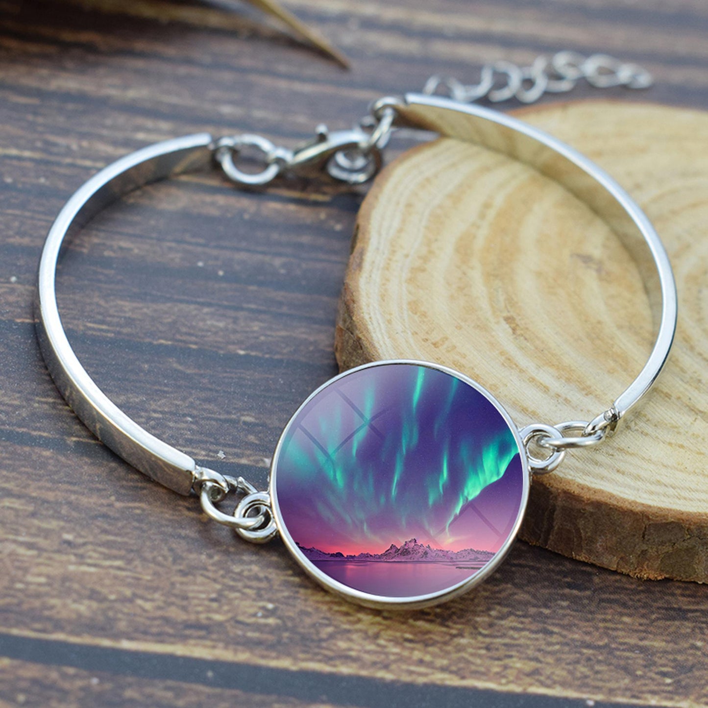 Unique Aurora Borealis Bangle Bracelet - Northern Light Jewelry - Glass Cabochon Silver Plated Bracelet - Perfect Aurora Lovers Gift 2