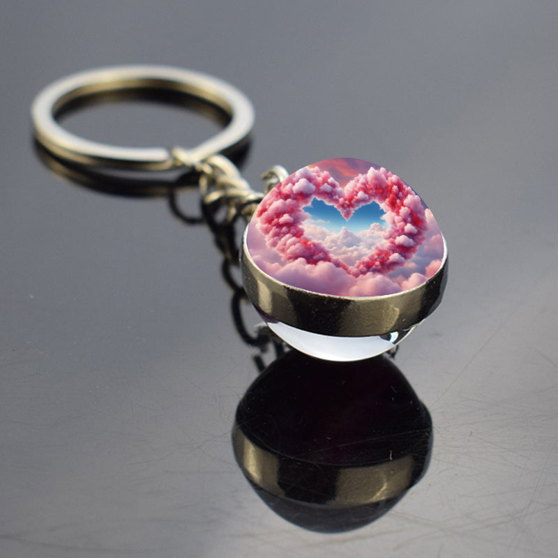 Unique Pink Heart Shape Clouds Keyring - Dreamy Sky Cotton Candy Cloud Jewelry - Double Side Glass Ball Key Chain - Perfect Aurora Lovers Gift 3