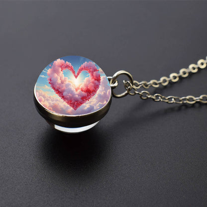 Unique Pink Heart Shape Clouds Silver Necklace - Dreamy Sky Cotton Candy Cloud Jewelry - Double Side Glass Ball Pendent Necklace - Perfect Lovers Gift 2