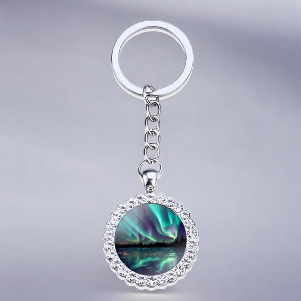 Porte-clés lumineux en argent Aurora Borealis - Bijoux Northern Light - Porte-clés en verre strass - Cadeau parfait pour les amoureux des aurores boréales