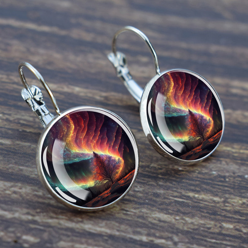 Luminous Aurora Borealis Hook Earrings - Northern Lights Jewelry - Unique Glass Cabochon Drop Earrings - Perfect Aurora Lovers Gift