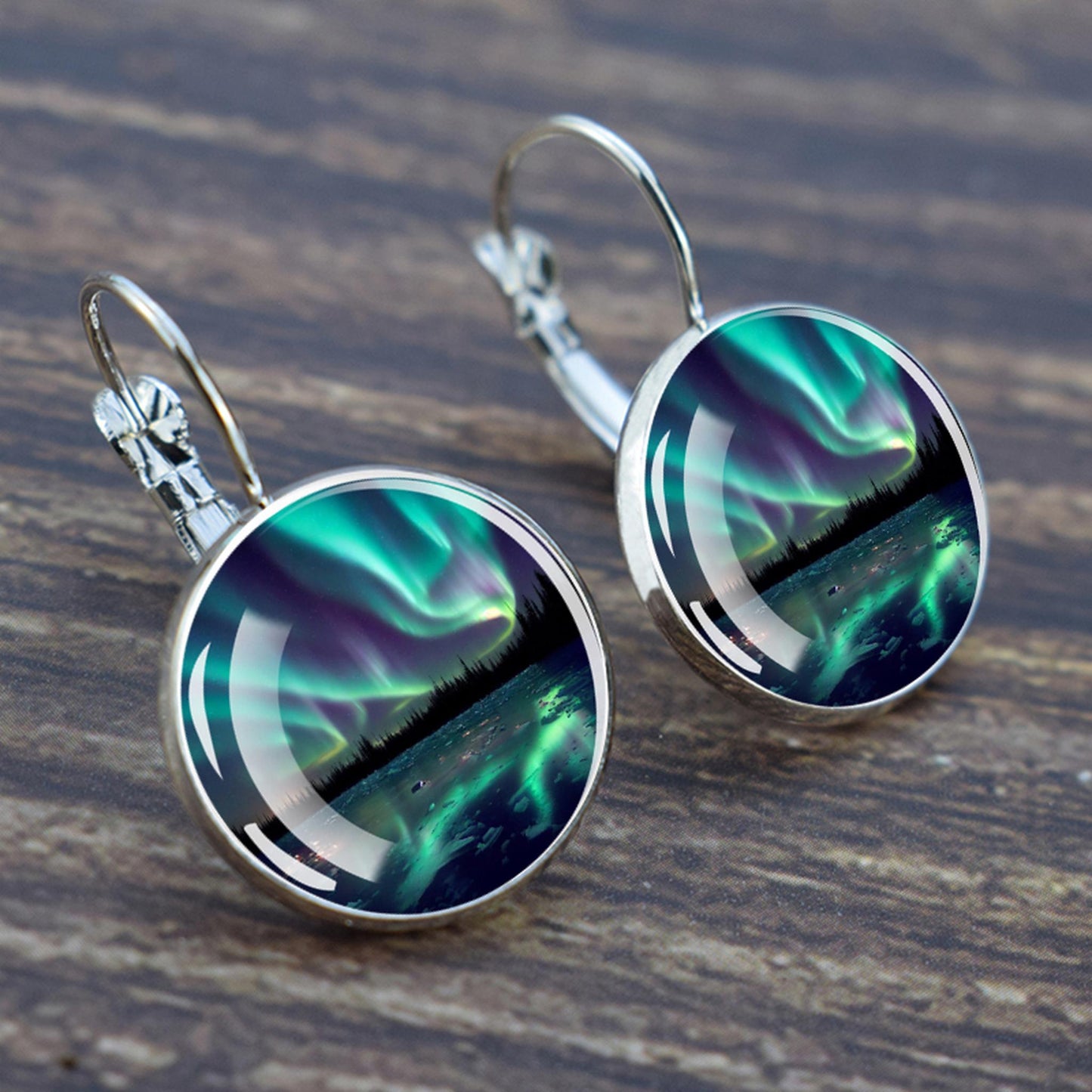 Luminous Aurora Borealis Hook Earrings - Northern Lights Jewelry - Unique Glass Cabochon Drop Earrings - Perfect Aurora Lovers Gift