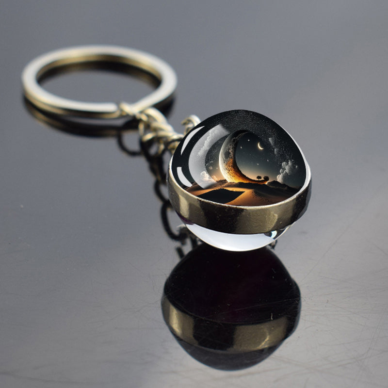Unique Full Crescent Moon Keyring - Night Starry Sky Jewelry - Double Side Glass Ball Key Chain - Perfect Moon Lovers Gift 1