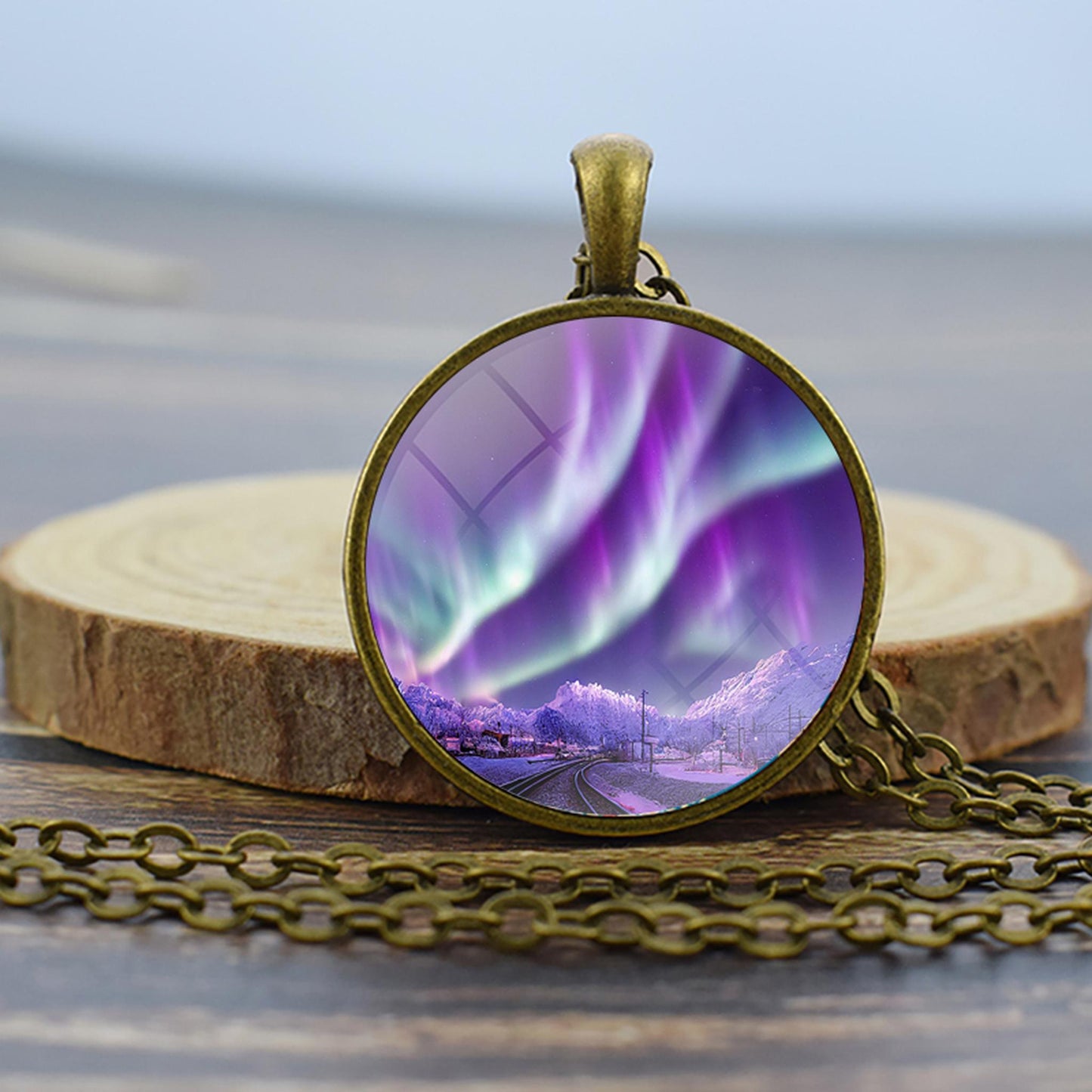 Luminous Aurora Borealis Bronze Necklace - Northern Light Jewelry - Unique Glass Dome Pendent Necklace - Perfect Aurora Lovers Gift